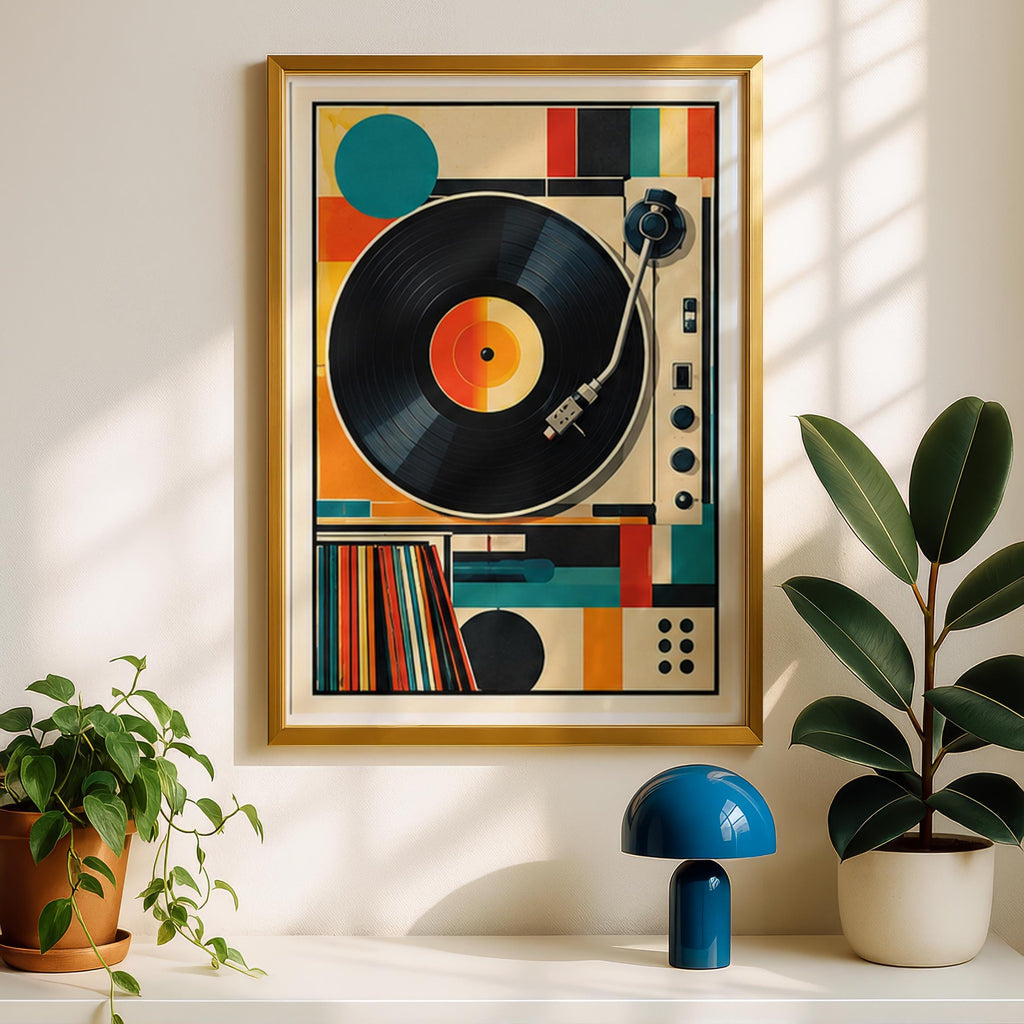 Retro Turntable Vinyl Record Poster, Mid Century Modern Wall Art, Music Room Print, Bauhaus