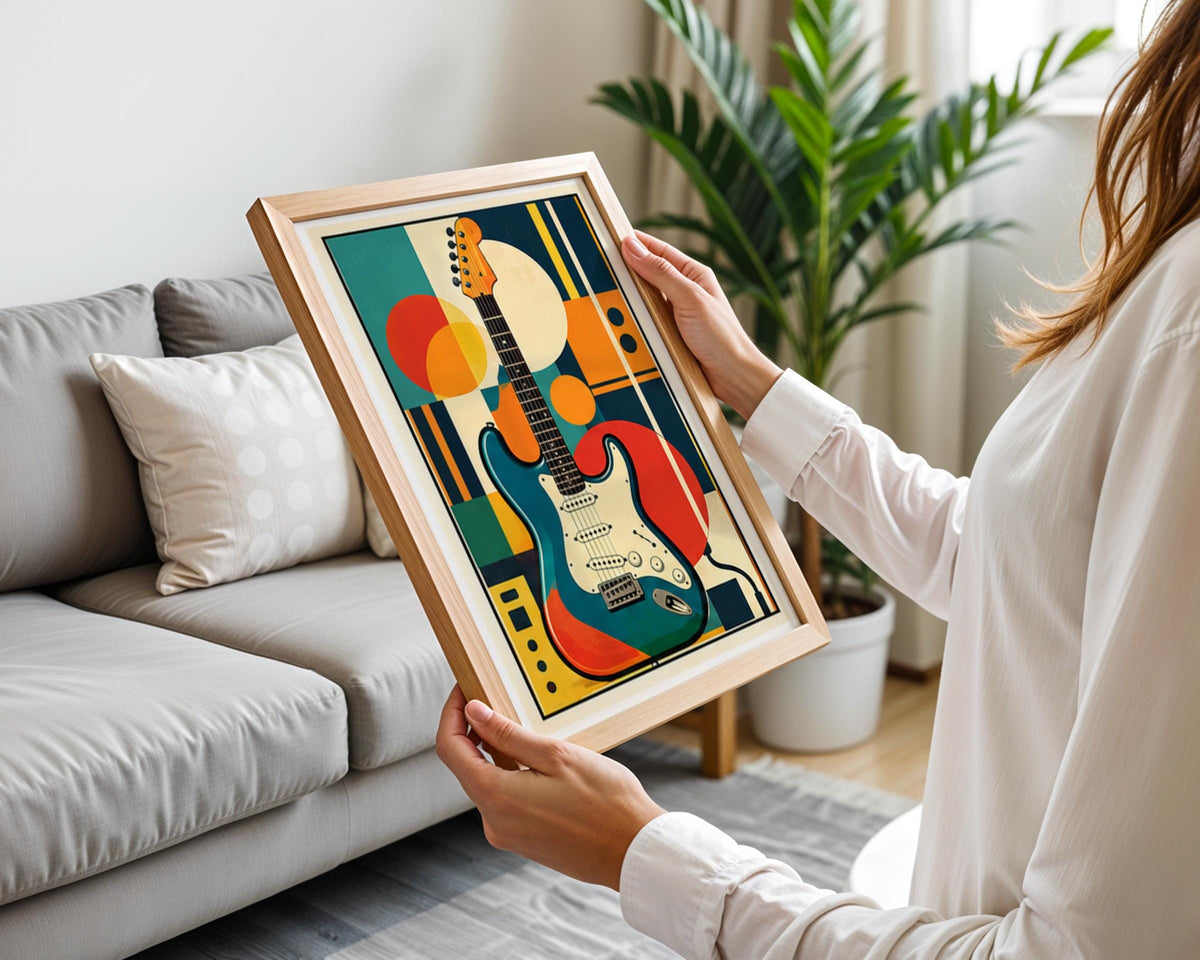 Retro Electric Guitar Poster, Mid Century Music Wall Art, Geometric Abstract Print, Teal Orange