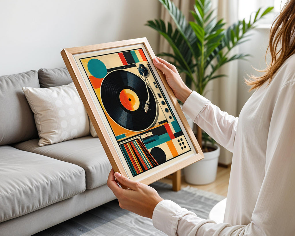 Retro Turntable Vinyl Record Poster, Mid Century Modern Wall Art, Music Room Print, Bauhaus
