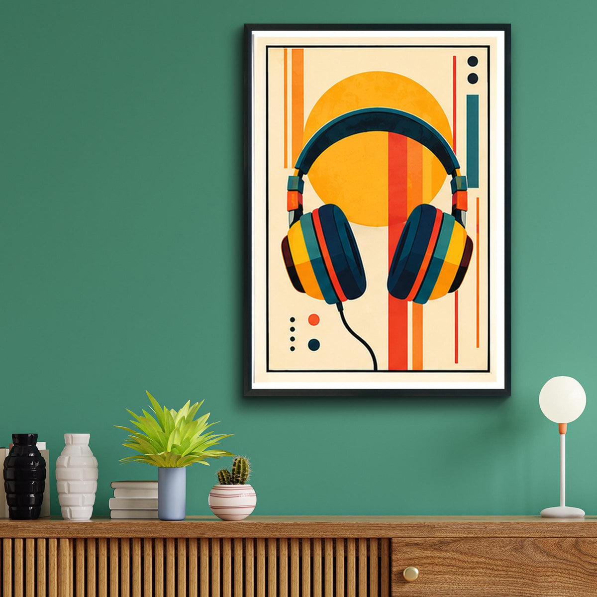 Retro Headphones Wall Art, Mid Century Music Poster, Geometric Abstract Print, Orange Teal Yellow