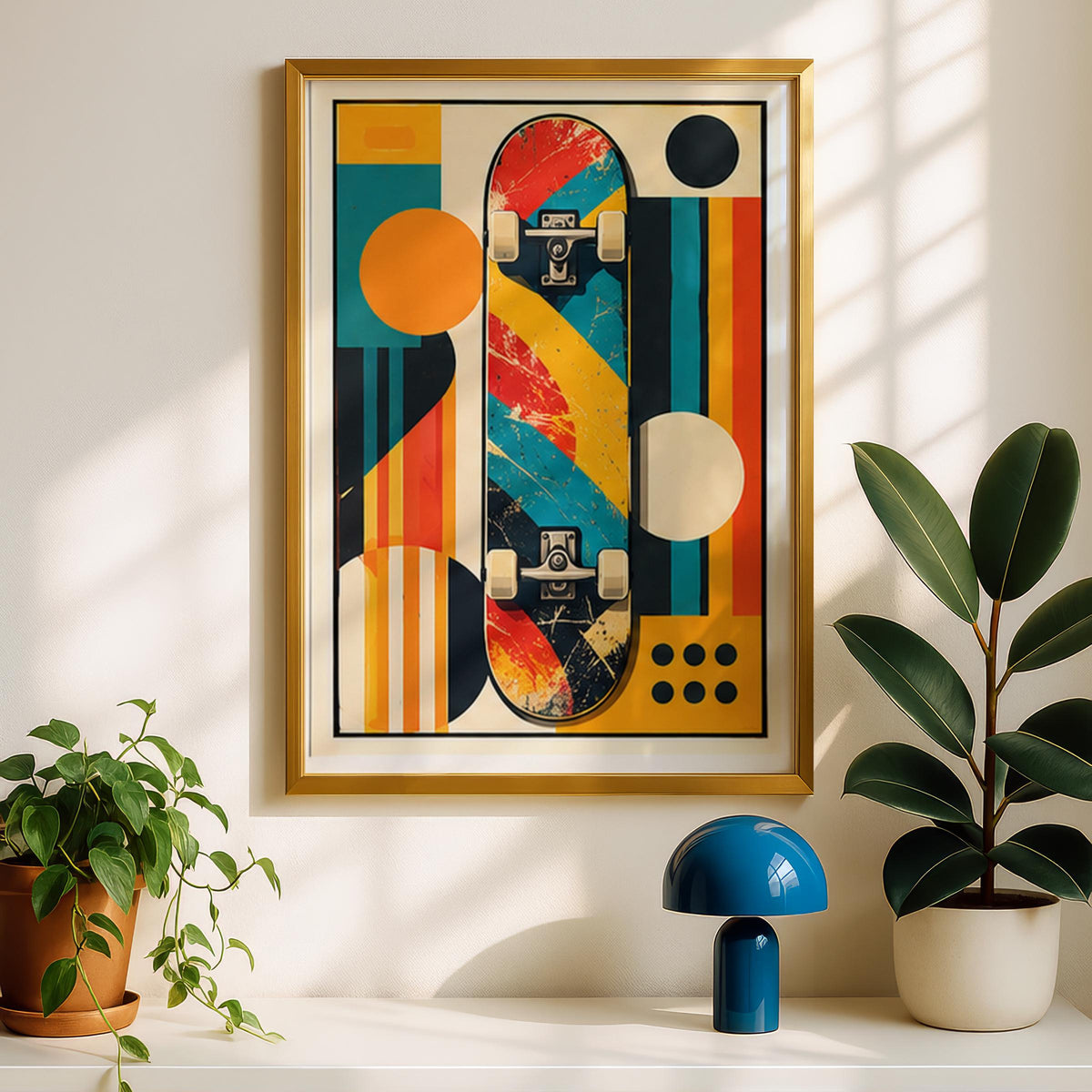 Retro Skateboard Poster, Mid Century Geometric Wall Art, Vintage Skater Print, Teen Boy Bedroom