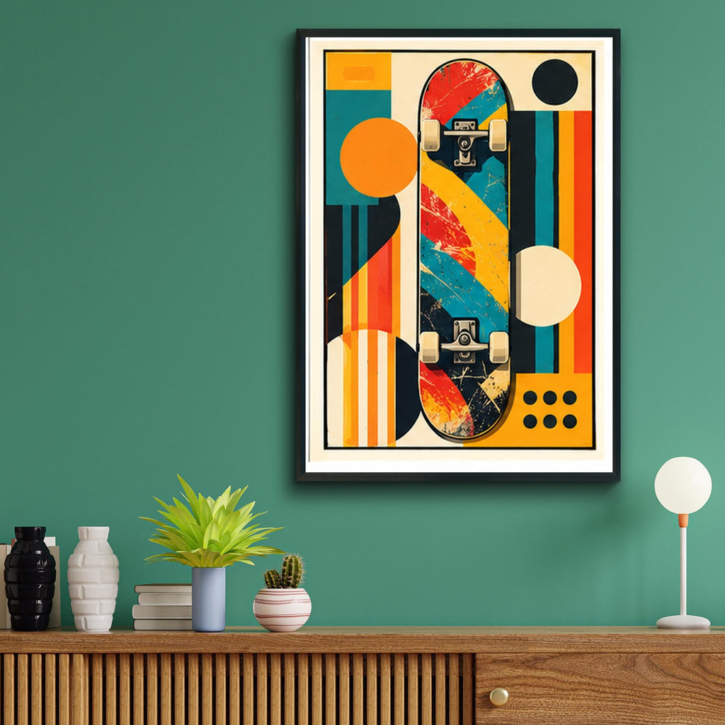 Retro Skateboard Poster, Mid Century Geometric Wall Art, Vintage Skater Print, Teen Boy Bedroom