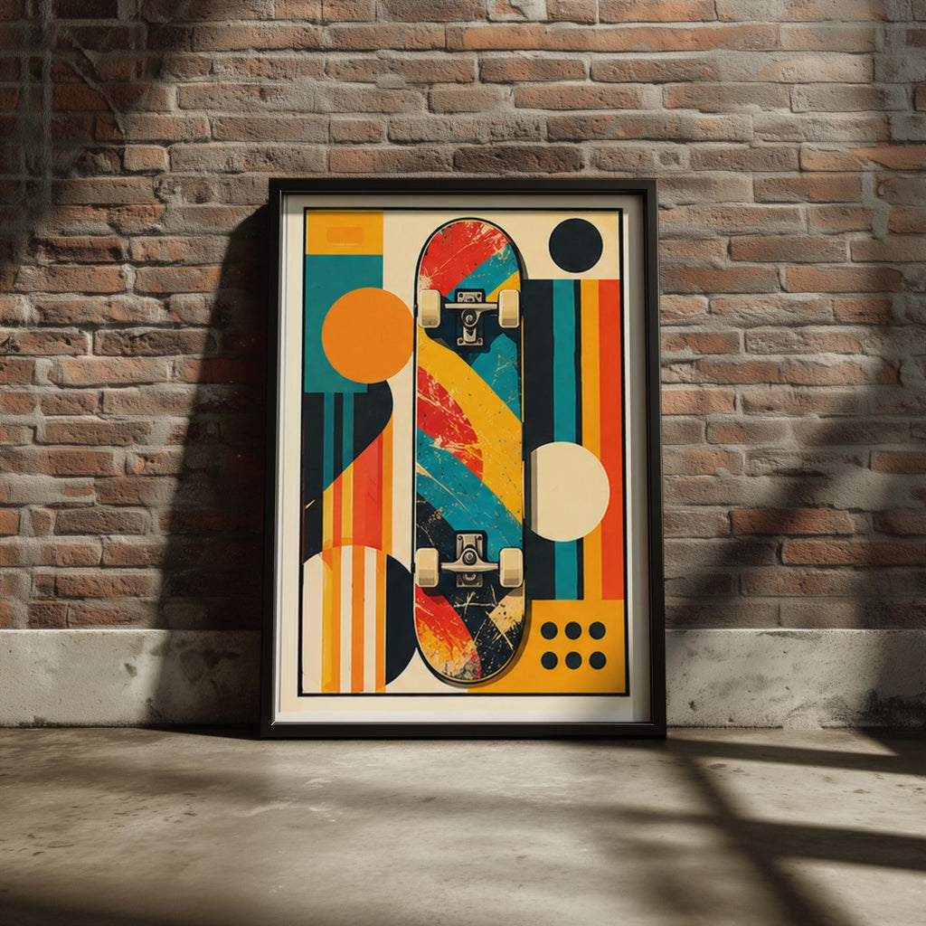 Retro Skateboard Poster, Mid Century Geometric Wall Art, Vintage Skater Print, Teen Boy Bedroom