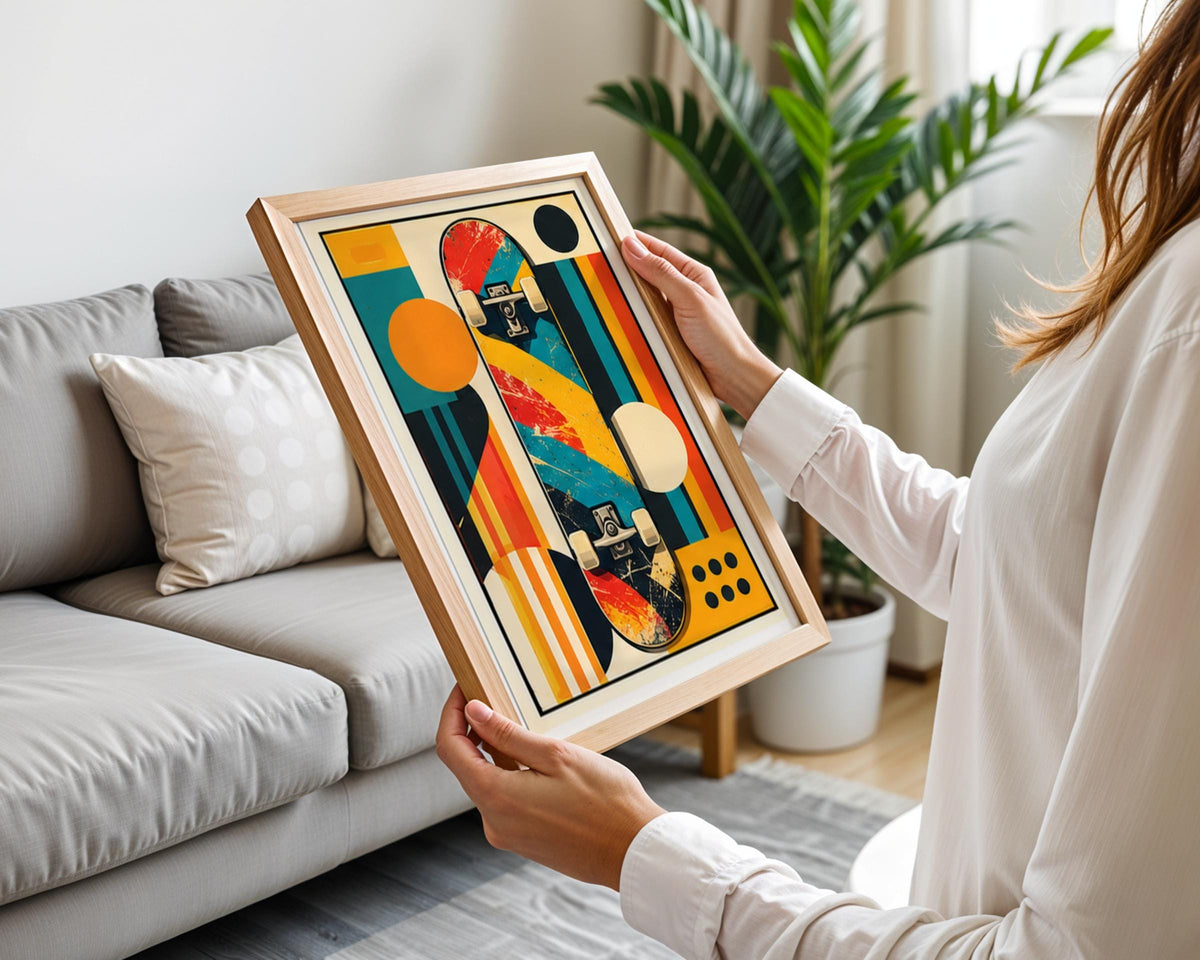 Retro Skateboard Poster, Mid Century Geometric Wall Art, Vintage Skater Print, Teen Boy Bedroom