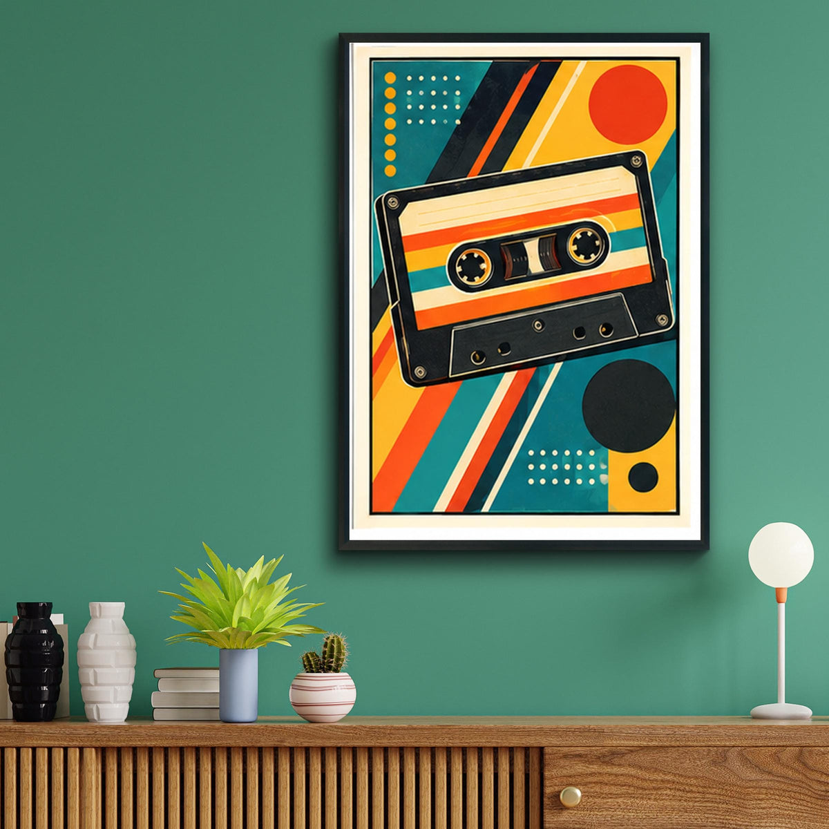 Retro Cassette Tape Poster, Vintage Music Wall Art, Mid Century Geometric Print, Teal Orange