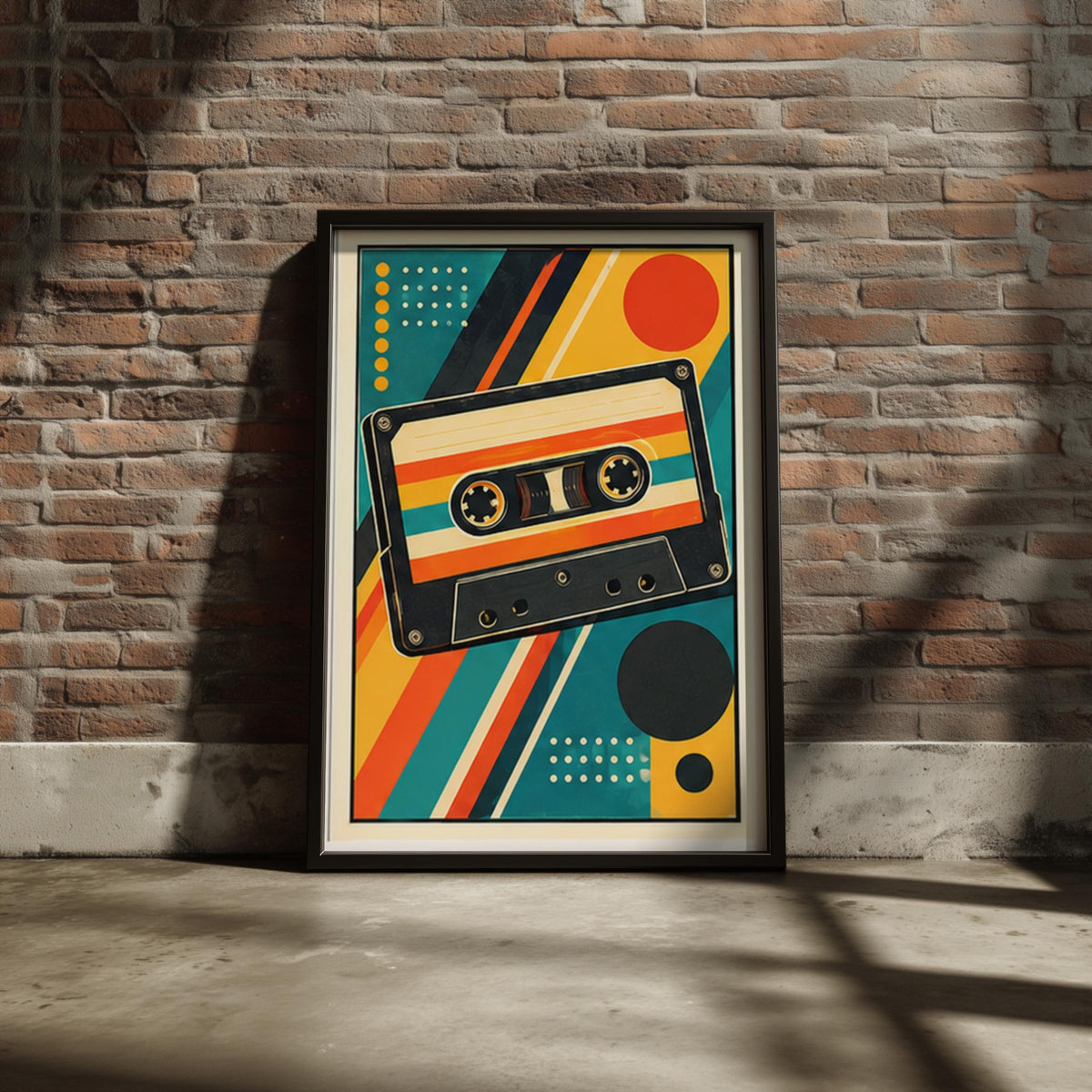 Retro Cassette Tape Poster, Vintage Music Wall Art, Mid Century Geometric Print, Teal Orange