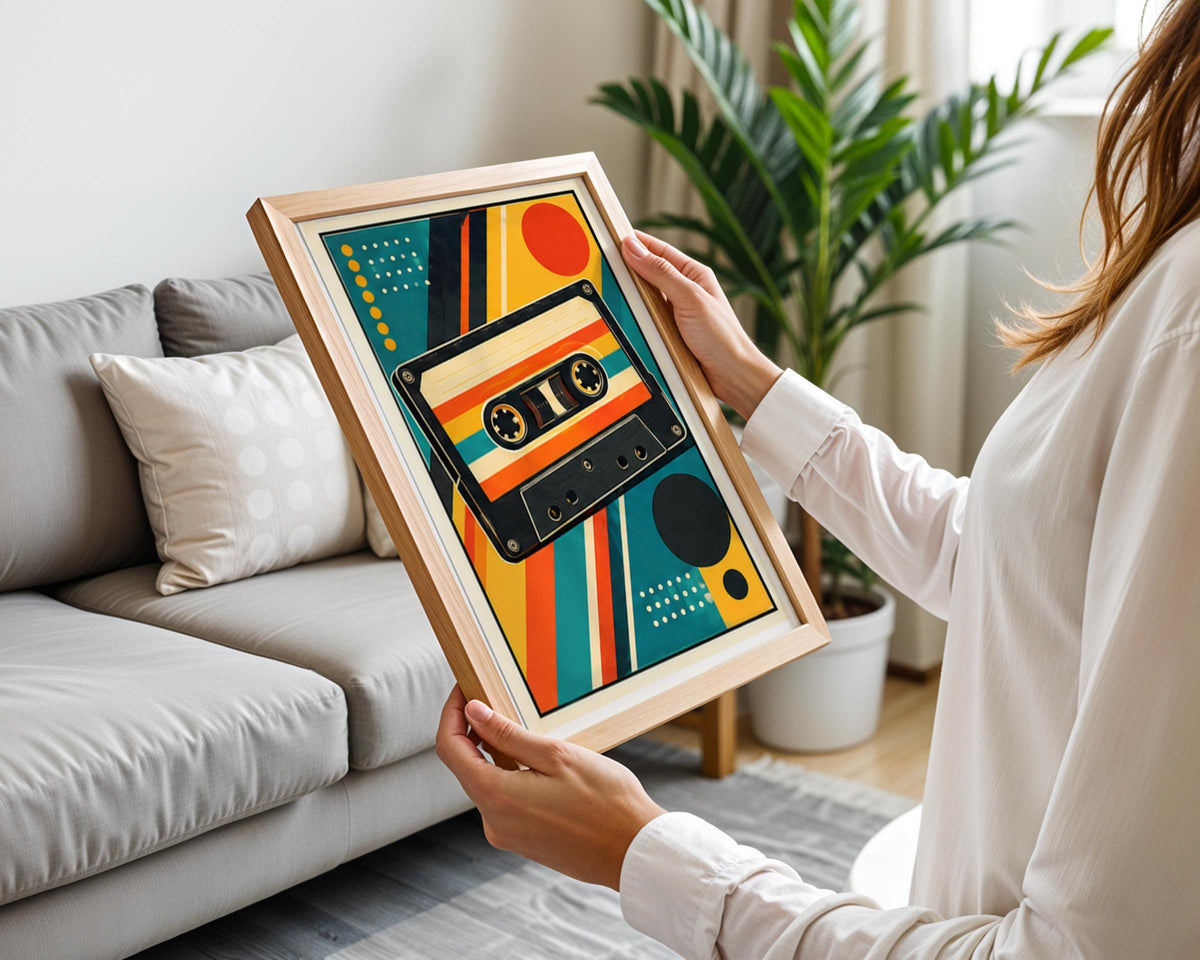 Retro Cassette Tape Poster, Vintage Music Wall Art, Mid Century Geometric Print, Teal Orange