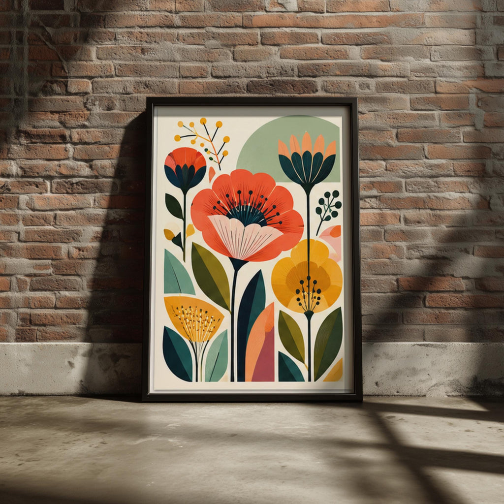 Mid Century Poppy Wall Art, Retro Botanical Floral Poster, Orange Yellow Flower Print
