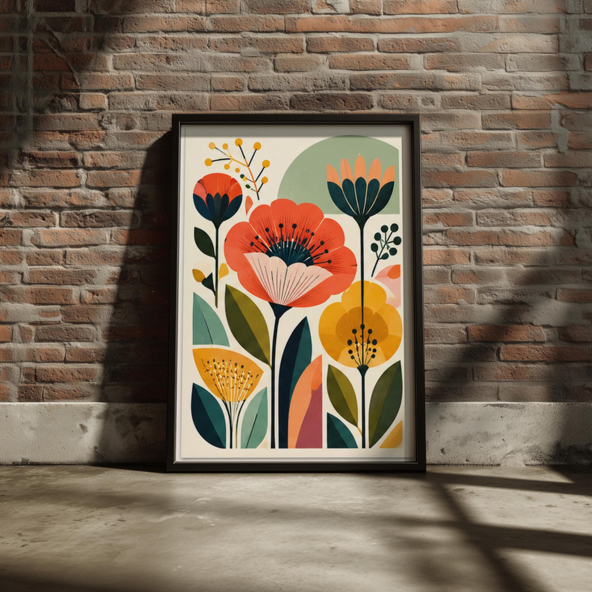 Mid Century Poppy Wall Art, Retro Botanical Floral Poster, Orange Yellow Flower Print