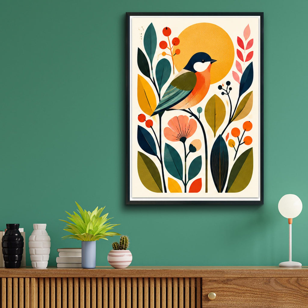 Mid Century Songbird Wall Art, Botanical Bird Poster, Retro Scandinavian Floral Print for Living