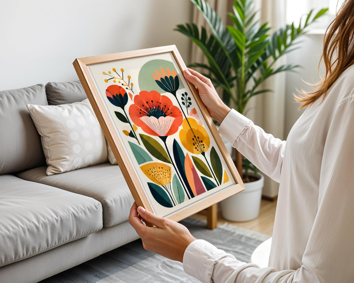 Mid Century Poppy Wall Art, Retro Botanical Floral Poster, Orange Yellow Flower Print