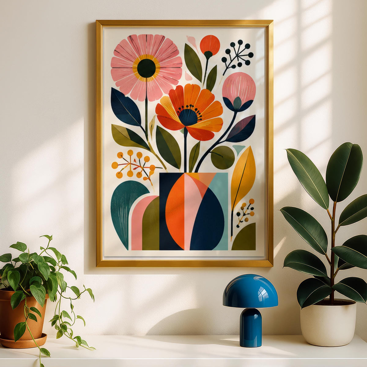 Mid Century Floral Vase Wall Art, Retro Botanical Poster, Colourful Orange Pink Flowers Print