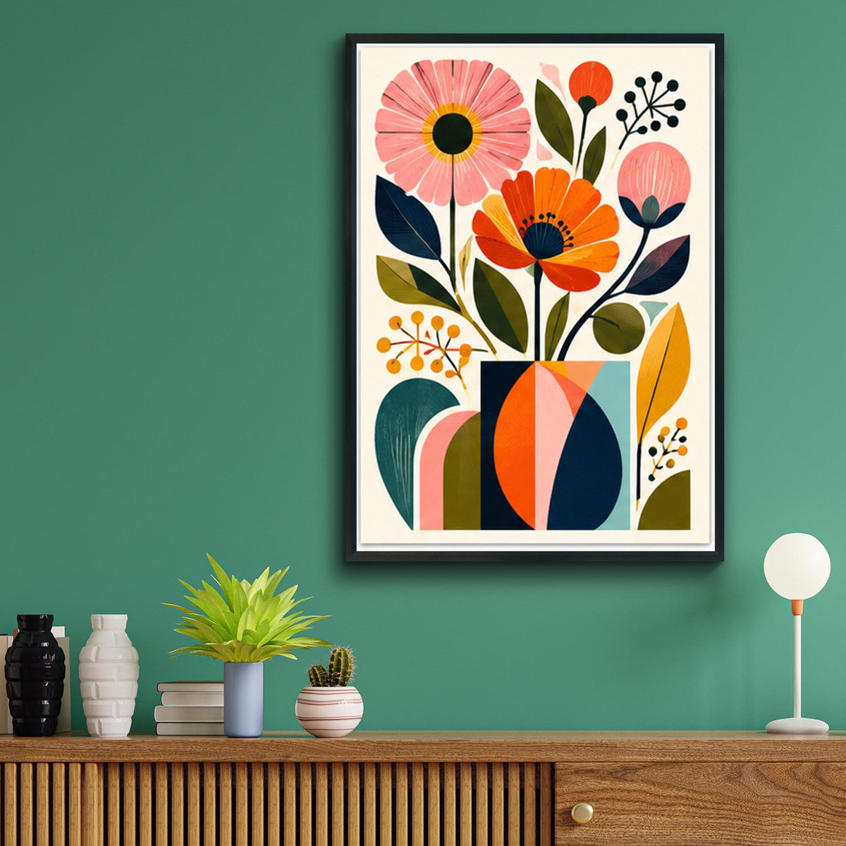 Mid Century Floral Vase Wall Art, Retro Botanical Poster, Colourful Orange Pink Flowers Print