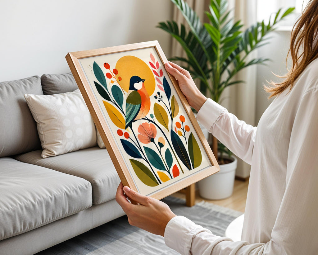 Mid Century Songbird Wall Art, Botanical Bird Poster, Retro Scandinavian Floral Print for Living