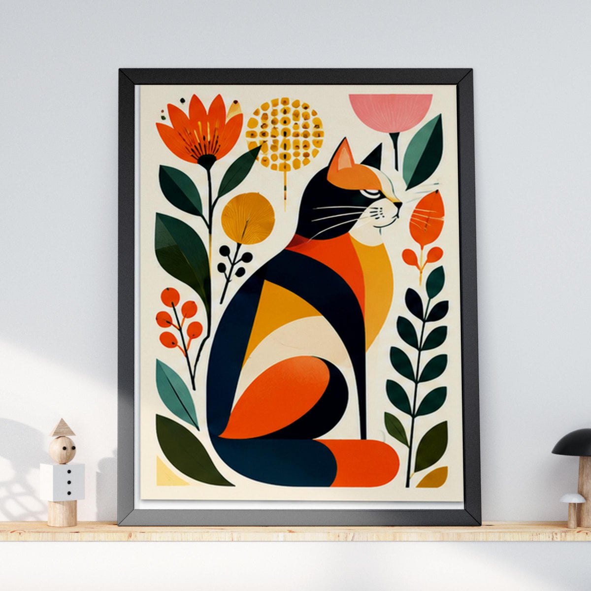 Mid Century Modern Cat Art Print, Retro Botanical Poster, Orange Navy Mustard Floral Wall Decor