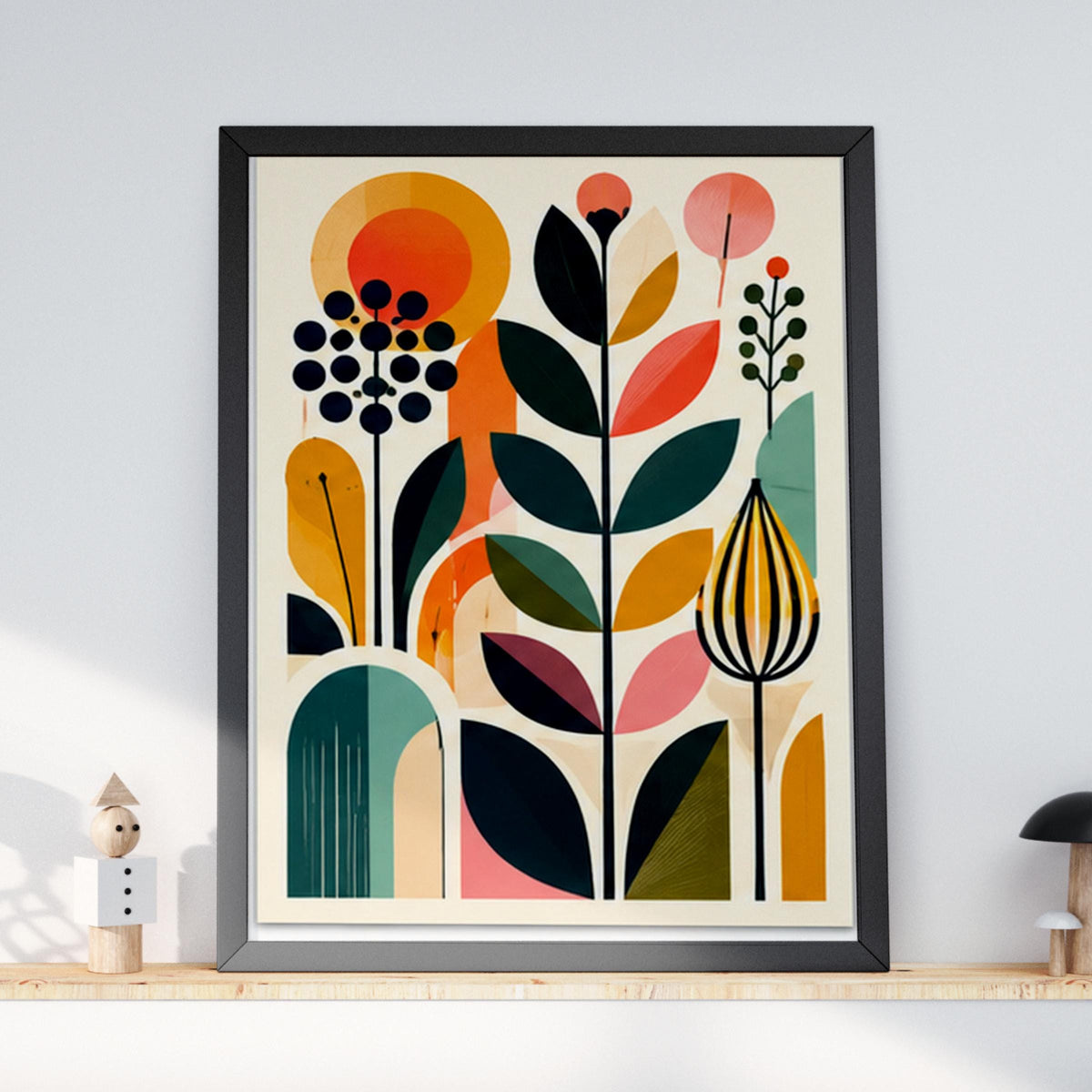 Mid Century Abstract Plants Poster, Geometric Botanical Wall Art, Retro Floral Print for Living Room