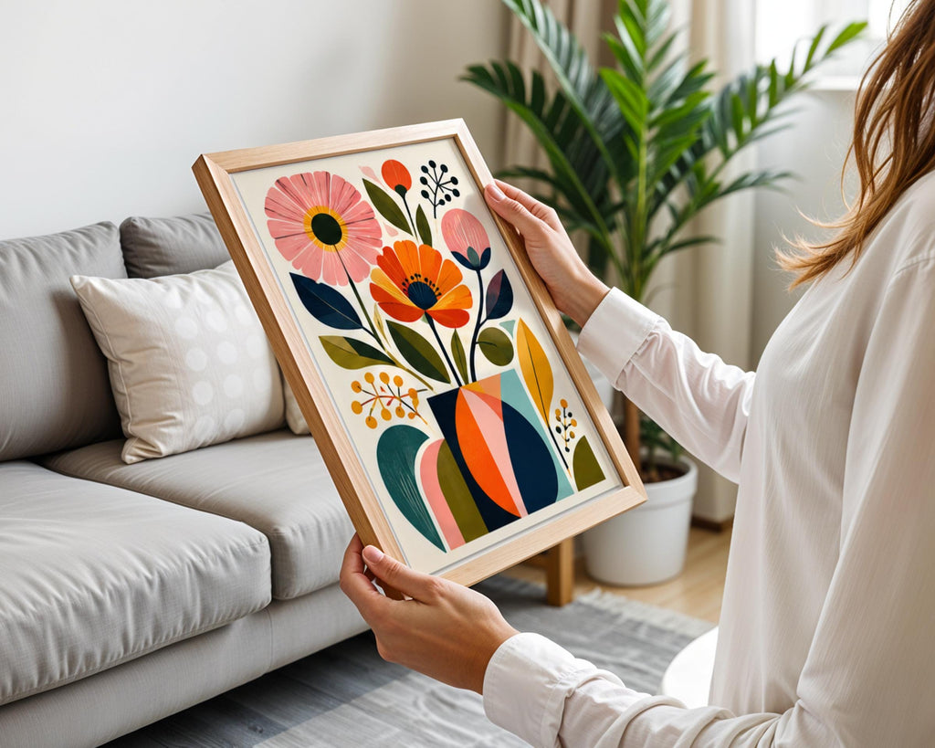 Mid Century Floral Vase Wall Art, Retro Botanical Poster, Colourful Orange Pink Flowers Print