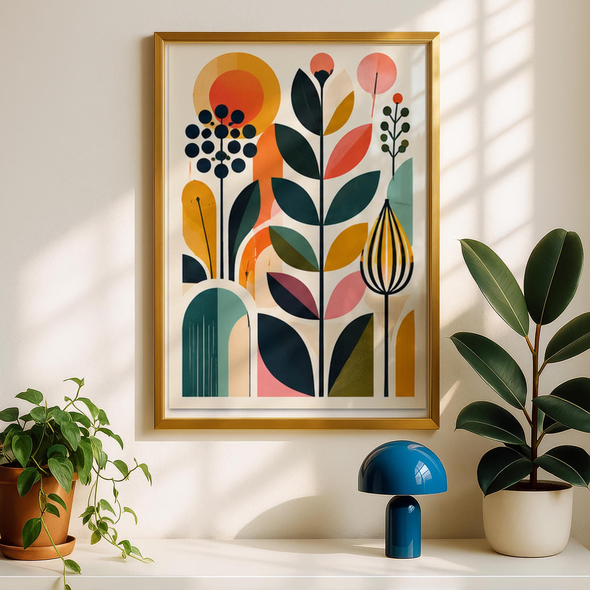 Mid Century Abstract Plants Poster, Geometric Botanical Wall Art, Retro Floral Print for Living Room