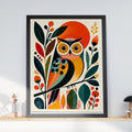 Mid Century Modern Owl Art Print, Colourful Botanical Bird Poster, Retro Scandi Nursery Wall Decor