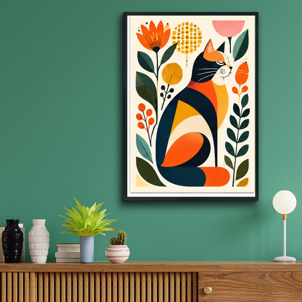Mid Century Modern Cat Art Print, Retro Botanical Poster, Orange Navy Mustard Floral Wall Decor