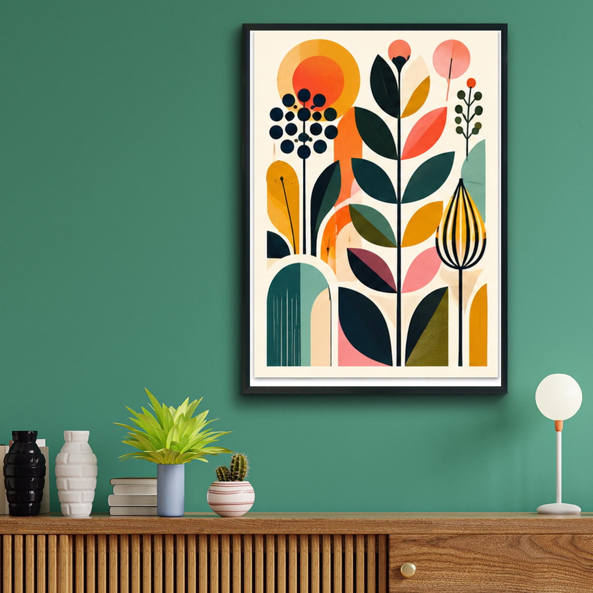 Mid Century Abstract Plants Poster, Geometric Botanical Wall Art, Retro Floral Print for Living Room