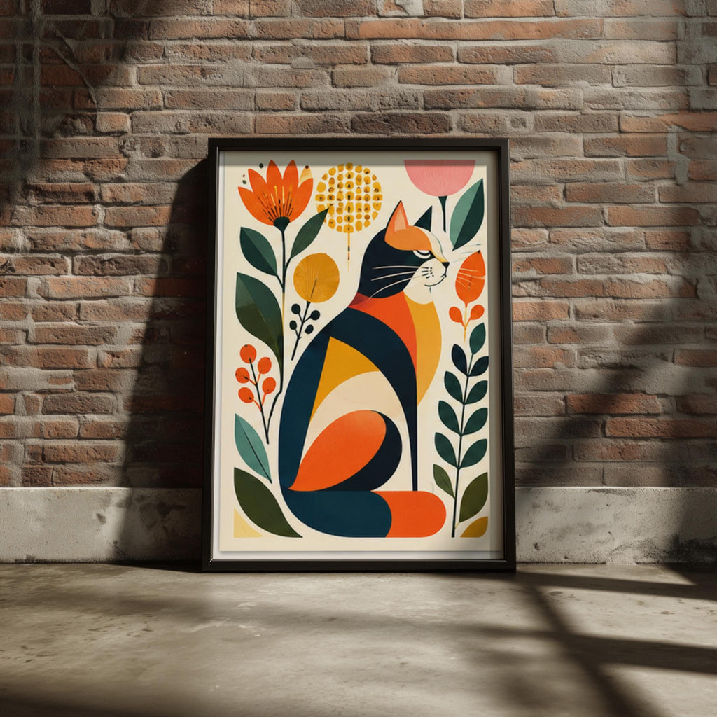 Mid Century Modern Cat Art Print, Retro Botanical Poster, Orange Navy Mustard Floral Wall Decor