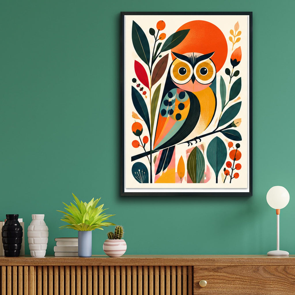 Mid Century Modern Owl Art Print, Colourful Botanical Bird Poster, Retro Scandi Nursery Wall Decor