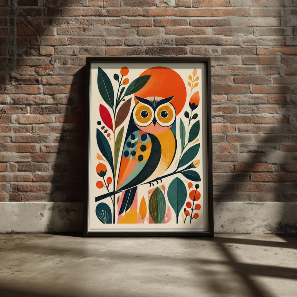 Mid Century Modern Owl Art Print, Colourful Botanical Bird Poster, Retro Scandi Nursery Wall Decor
