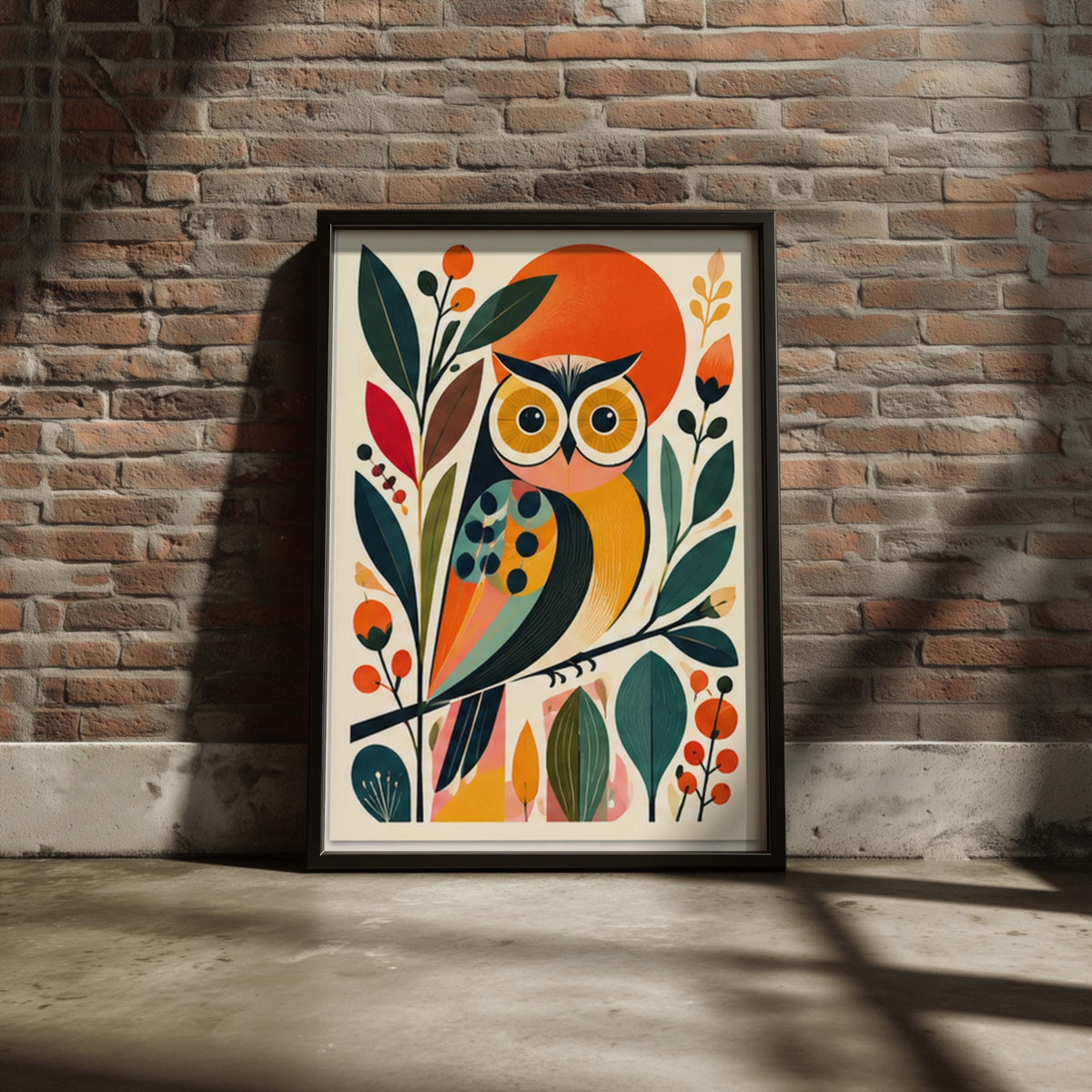 Mid Century Modern Owl Art Print, Colourful Botanical Bird Poster, Retro Scandi Nursery Wall Decor