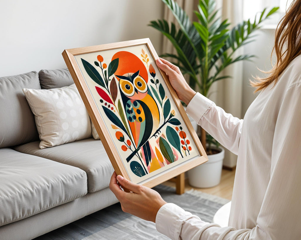 Mid Century Modern Owl Art Print, Colourful Botanical Bird Poster, Retro Scandi Nursery Wall Decor