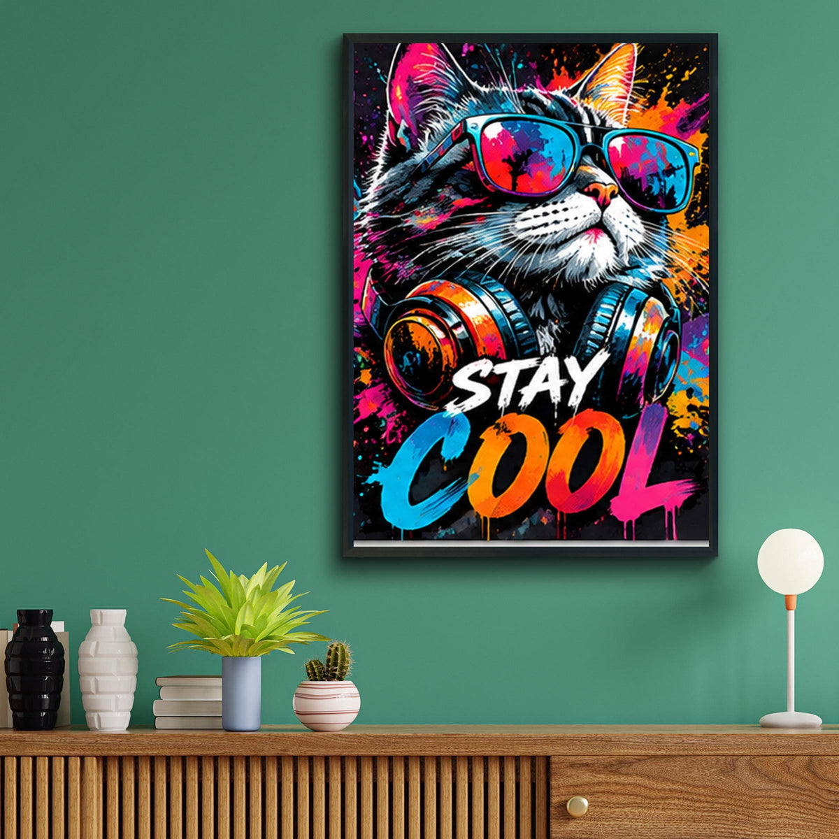 Stay Cool Cat Wall Art, Graffiti Street Art Poster, Neon Pop Art Print, Cat With Sunglasses