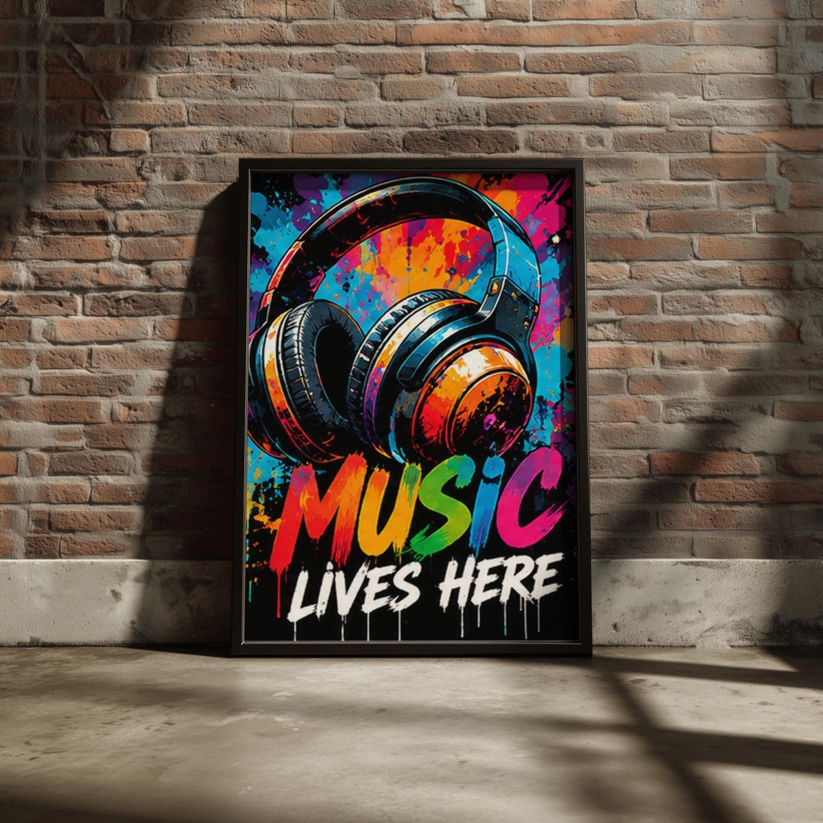 Music Lives Here Headphones Poster, Colourful Graffiti Wall Art, Street Art Print, Music Room Decor