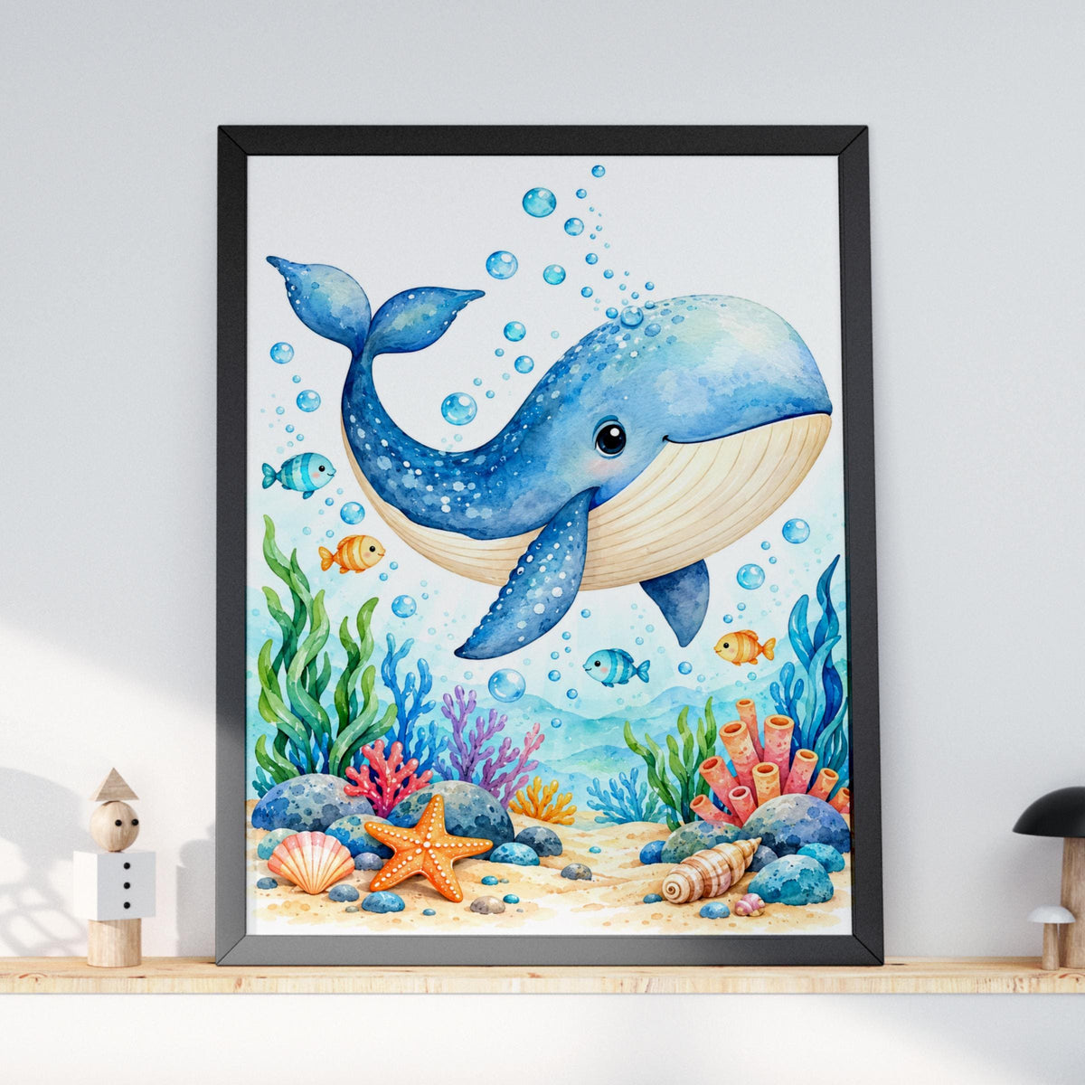 Cute Blue Whale Nursery Wall Art, Watercolour Ocean Animal Print, Under The Sea Poster for Kids Room