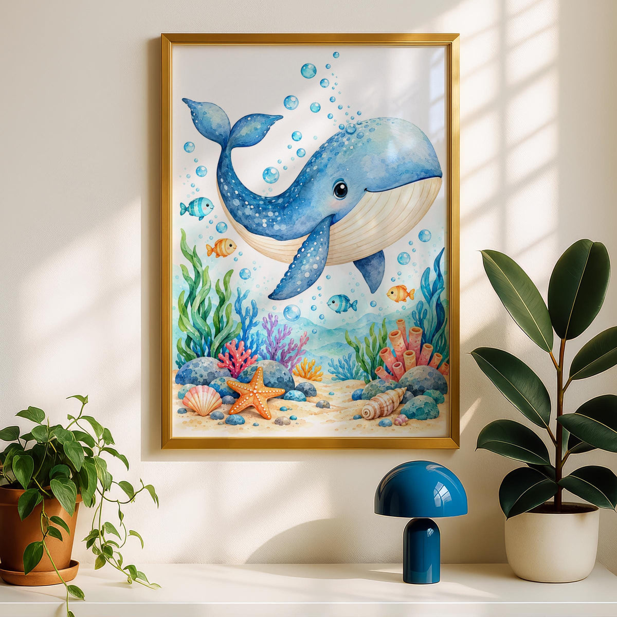 Cute Blue Whale Nursery Wall Art, Watercolour Ocean Animal Print, Under The Sea Poster for Kids Room