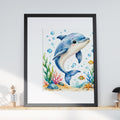 Dolphin Nursery Wall Art, Watercolour Ocean Print, Baby Dolphin Poster, Kids Bedroom Sea Life Decor