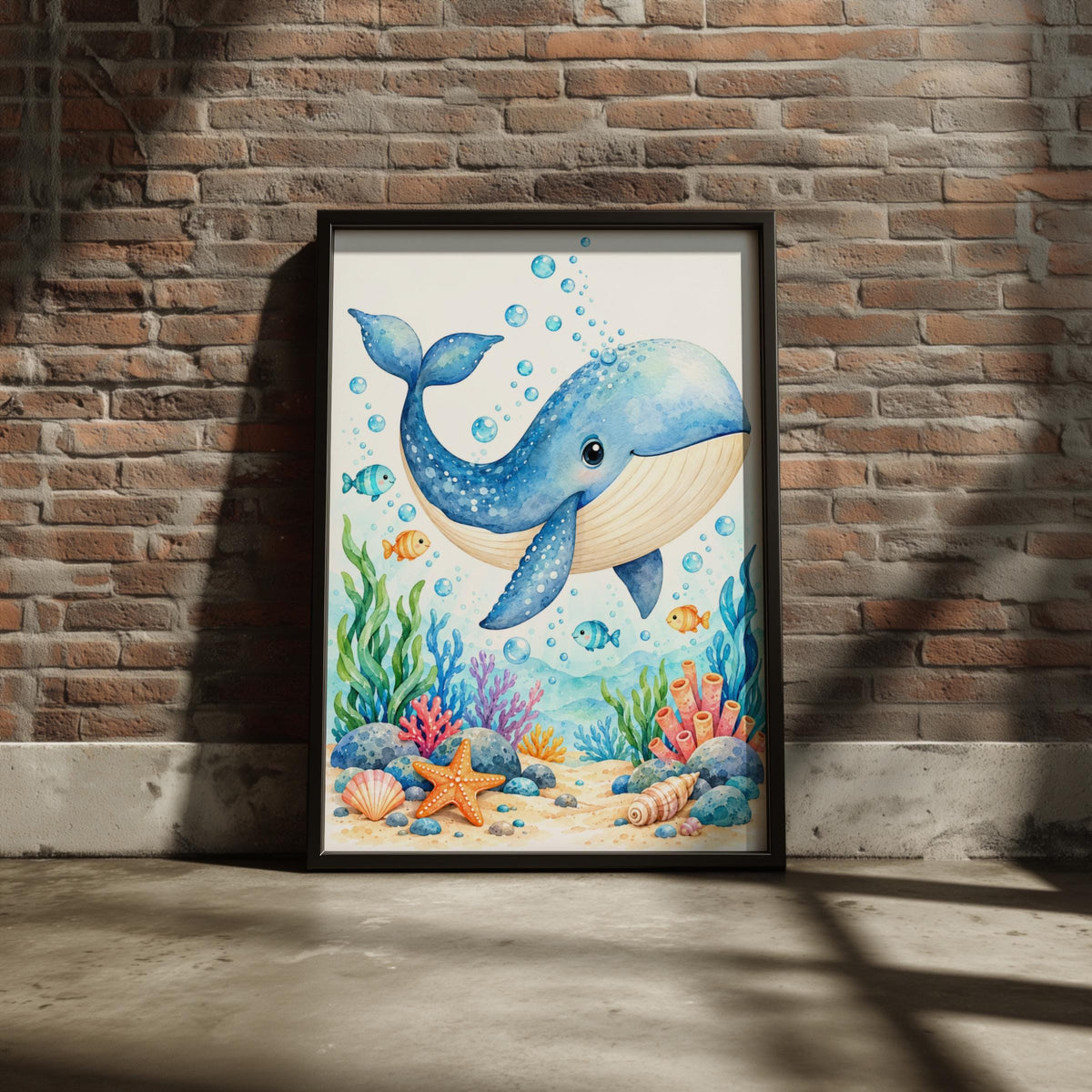 Cute Blue Whale Nursery Wall Art, Watercolour Ocean Animal Print, Under The Sea Poster for Kids Room
