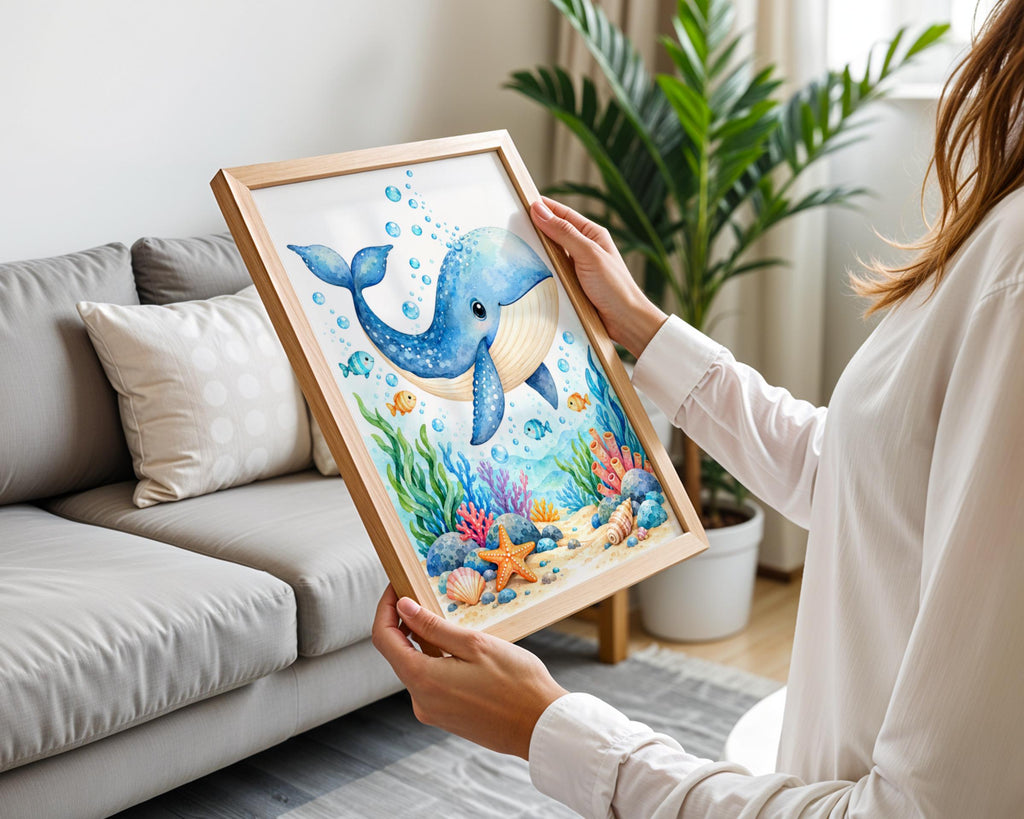 Cute Blue Whale Nursery Wall Art, Watercolour Ocean Animal Print, Under The Sea Poster for Kids Room