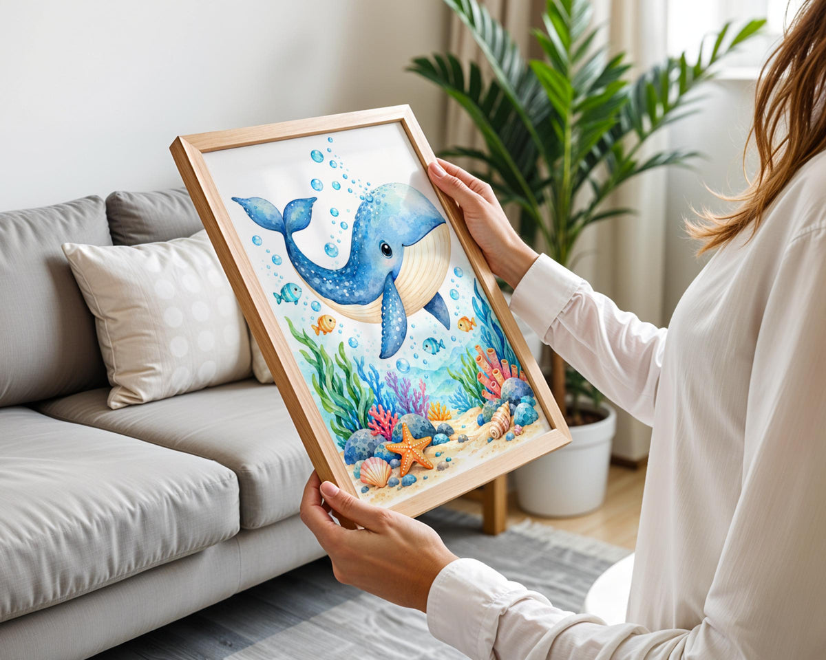 Cute Blue Whale Nursery Wall Art, Watercolour Ocean Animal Print, Under The Sea Poster for Kids Room