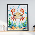 Cute Crab Watercolour Nursery Wall Art, Underwater Sea Life Poster, Kids Bathroom Ocean Print