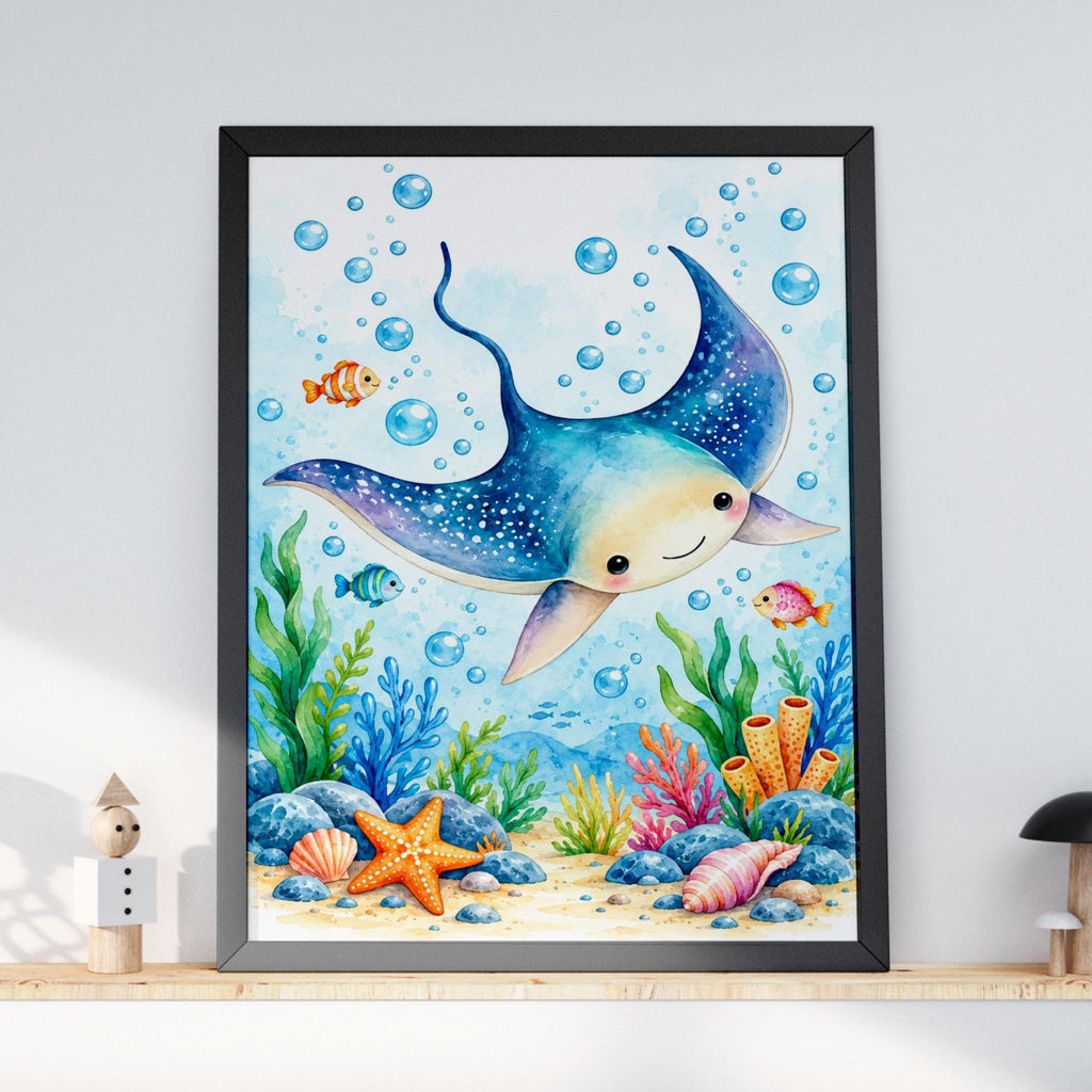 Manta Ray Nursery Wall Art, Watercolour Sea Animal Print, Under the Sea Kids Room Ocean Poster