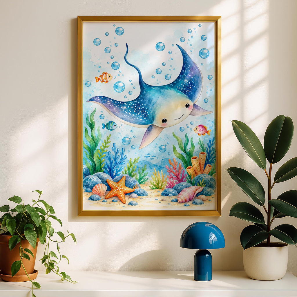 Manta Ray Nursery Wall Art, Watercolour Sea Animal Print, Under the Sea Kids Room Ocean Poster