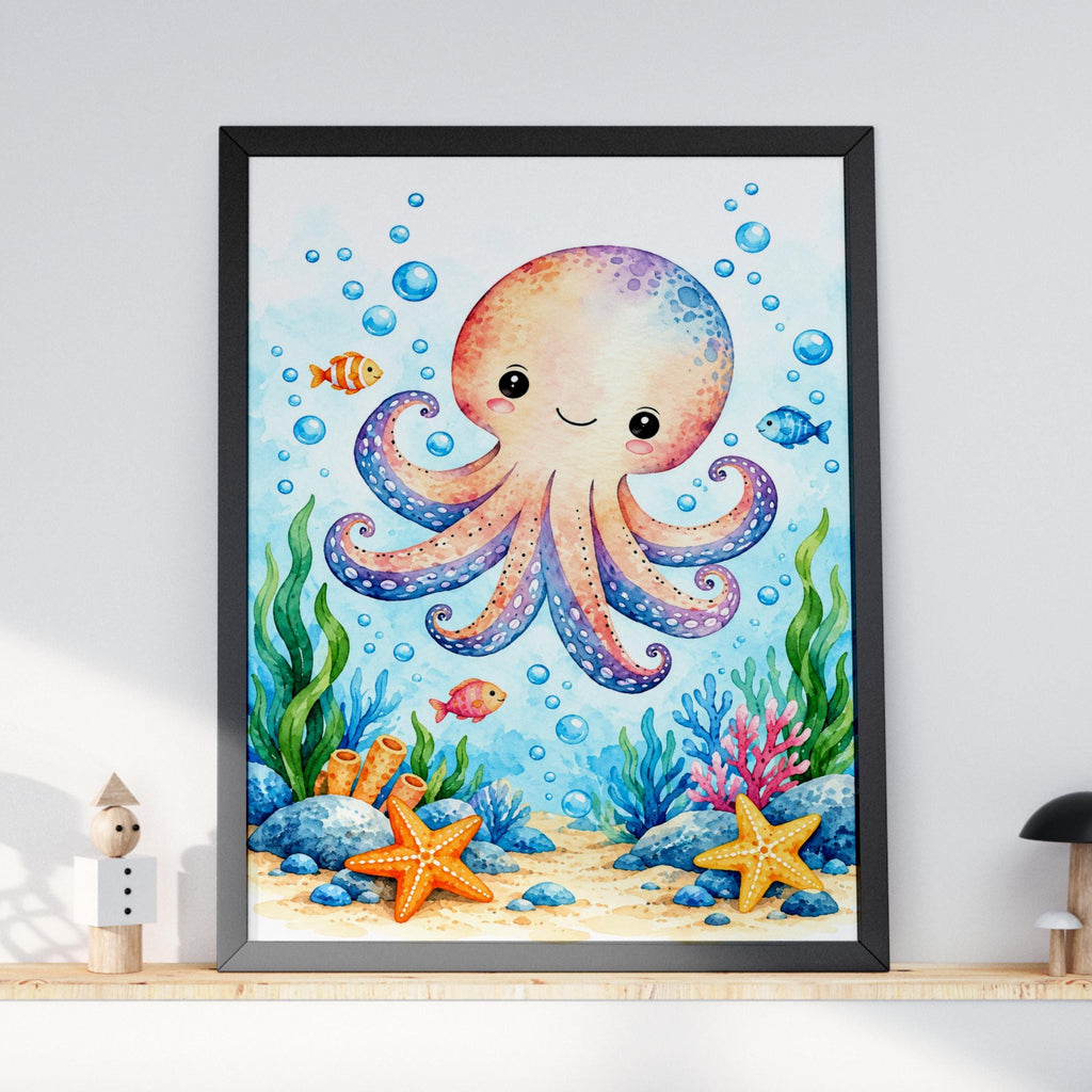 Cute Octopus Nursery Print, Watercolour Under the Sea Wall Art, Kids Room Ocean Poster, Baby Decor