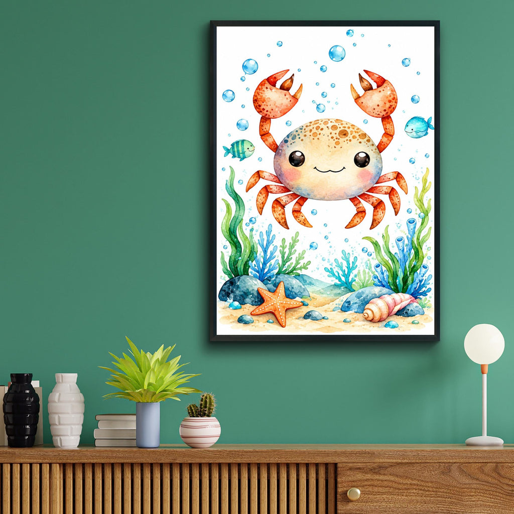 Cute Crab Watercolour Nursery Wall Art, Underwater Sea Life Poster, Kids Bathroom Ocean Print