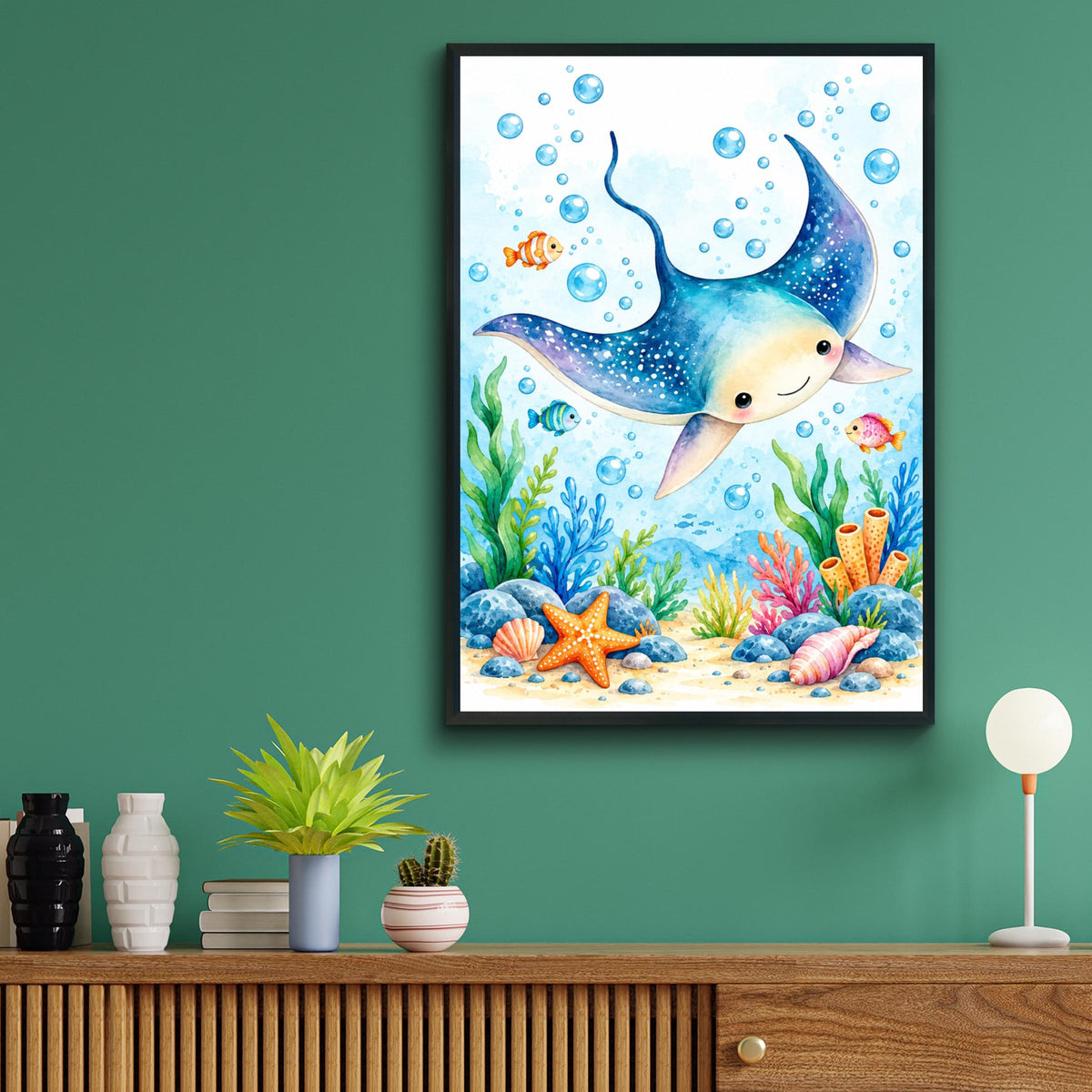 Manta Ray Nursery Wall Art, Watercolour Sea Animal Print, Under the Sea Kids Room Ocean Poster