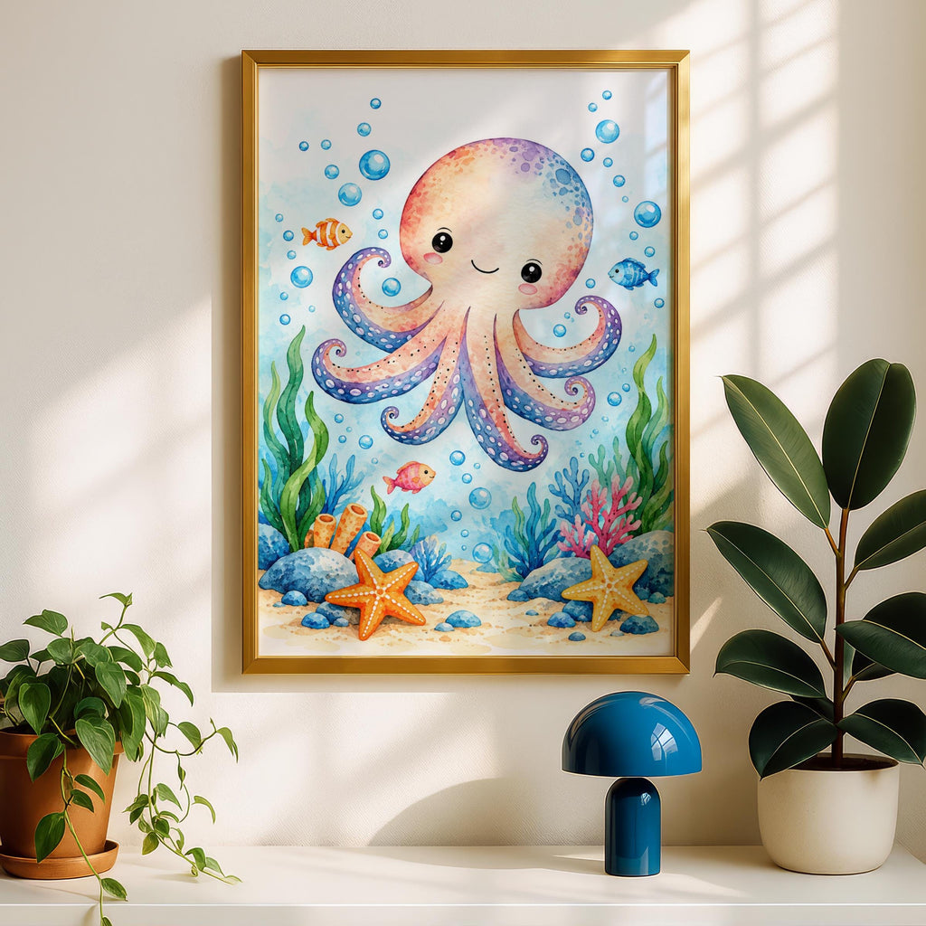 Cute Octopus Nursery Print, Watercolour Under the Sea Wall Art, Kids Room Ocean Poster, Baby Decor