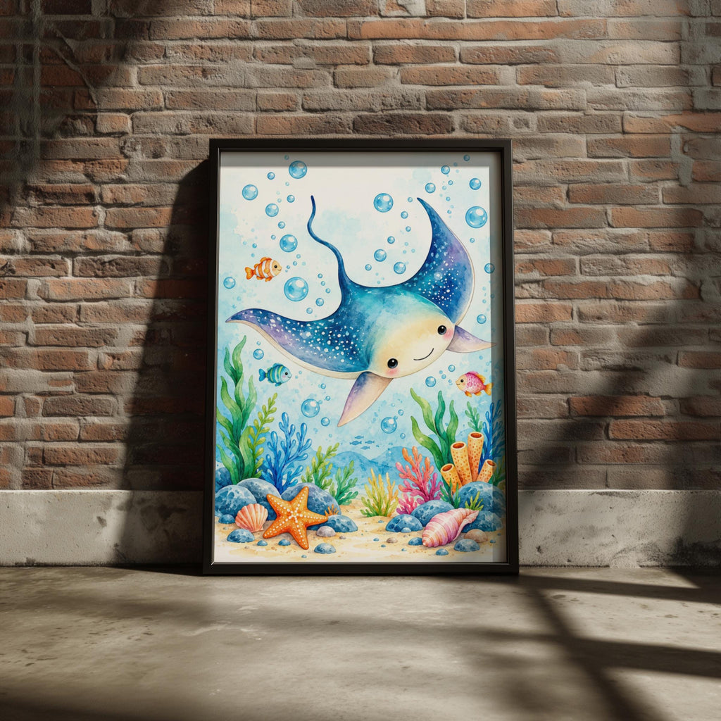 Manta Ray Nursery Wall Art, Watercolour Sea Animal Print, Under the Sea Kids Room Ocean Poster