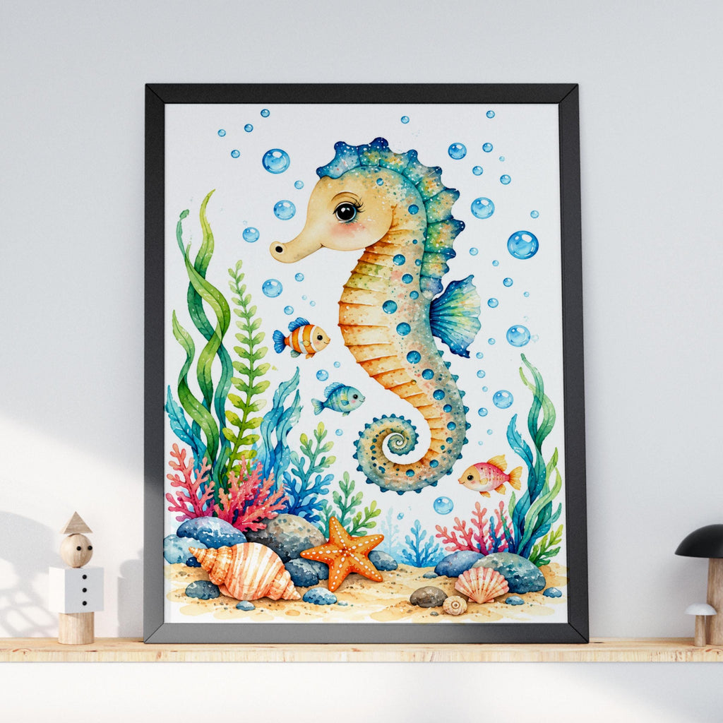 Seahorse Nursery Wall Art, Watercolour Ocean Animals Poster, Under the Sea Kids Room Decor Picture
