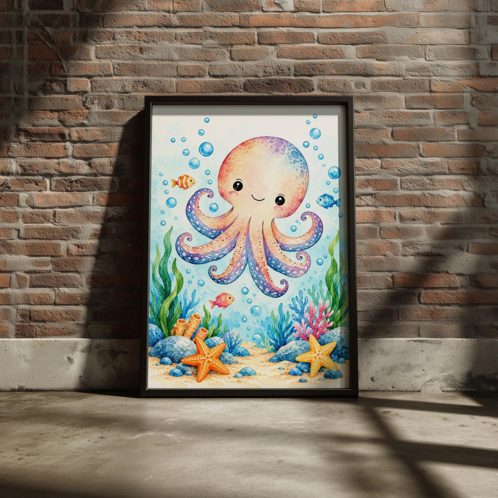 Cute Octopus Nursery Print, Watercolour Under the Sea Wall Art, Kids Room Ocean Poster, Baby Decor