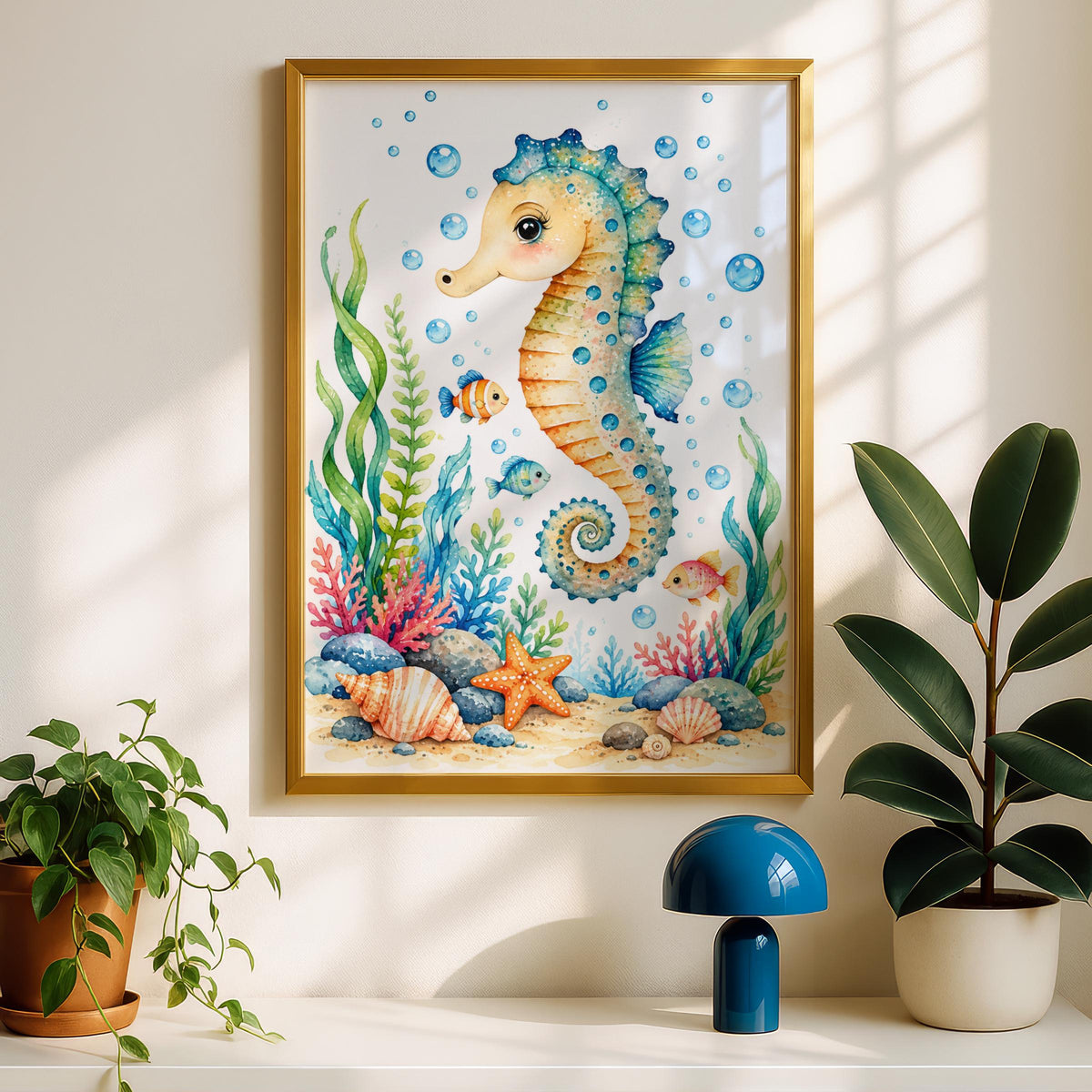 Seahorse Nursery Wall Art, Watercolour Ocean Animals Poster, Under the Sea Kids Room Decor Picture