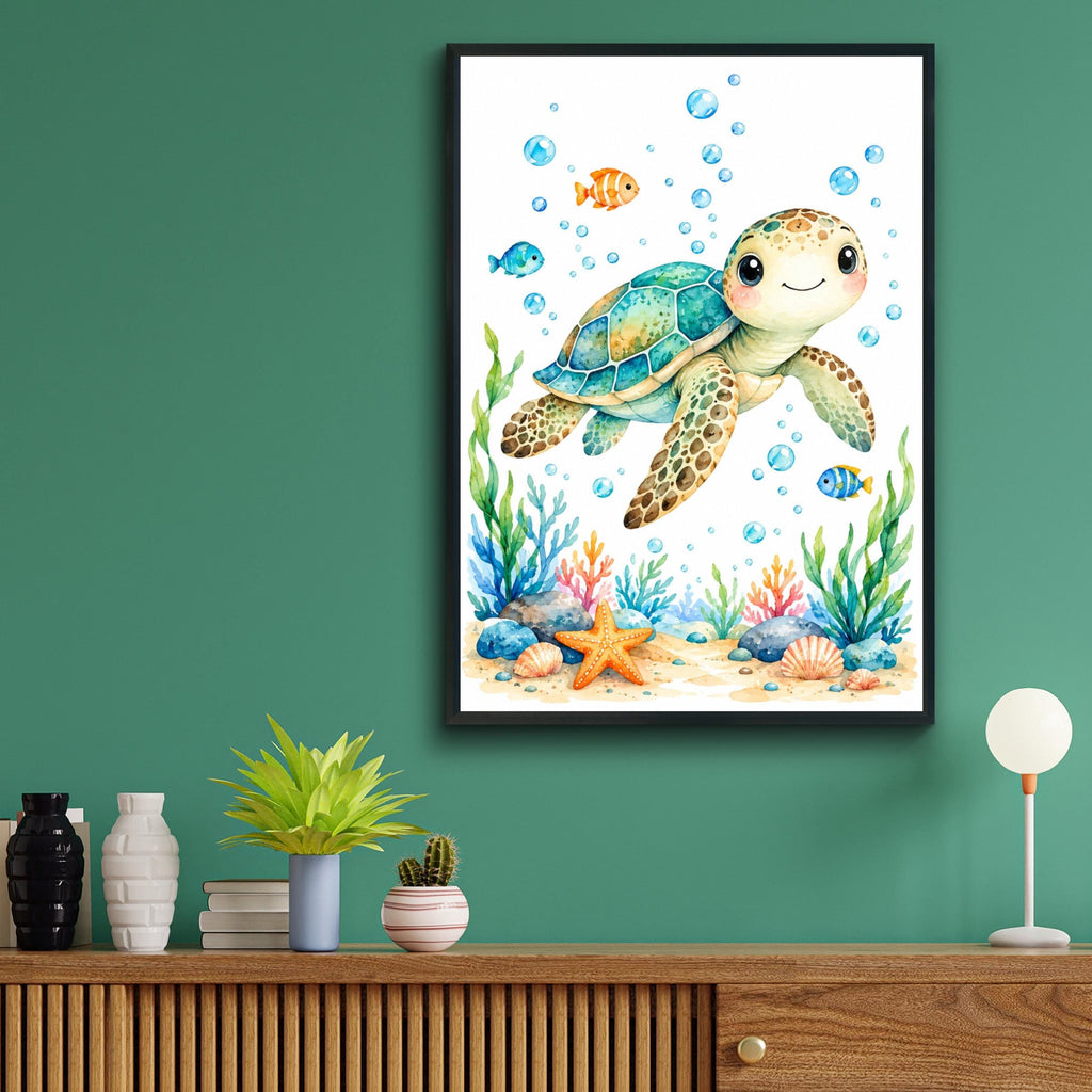 Sea Turtle Nursery Wall Art, Watercolour Ocean Animal Print, Baby Room Decor, Cute Underwater Poster